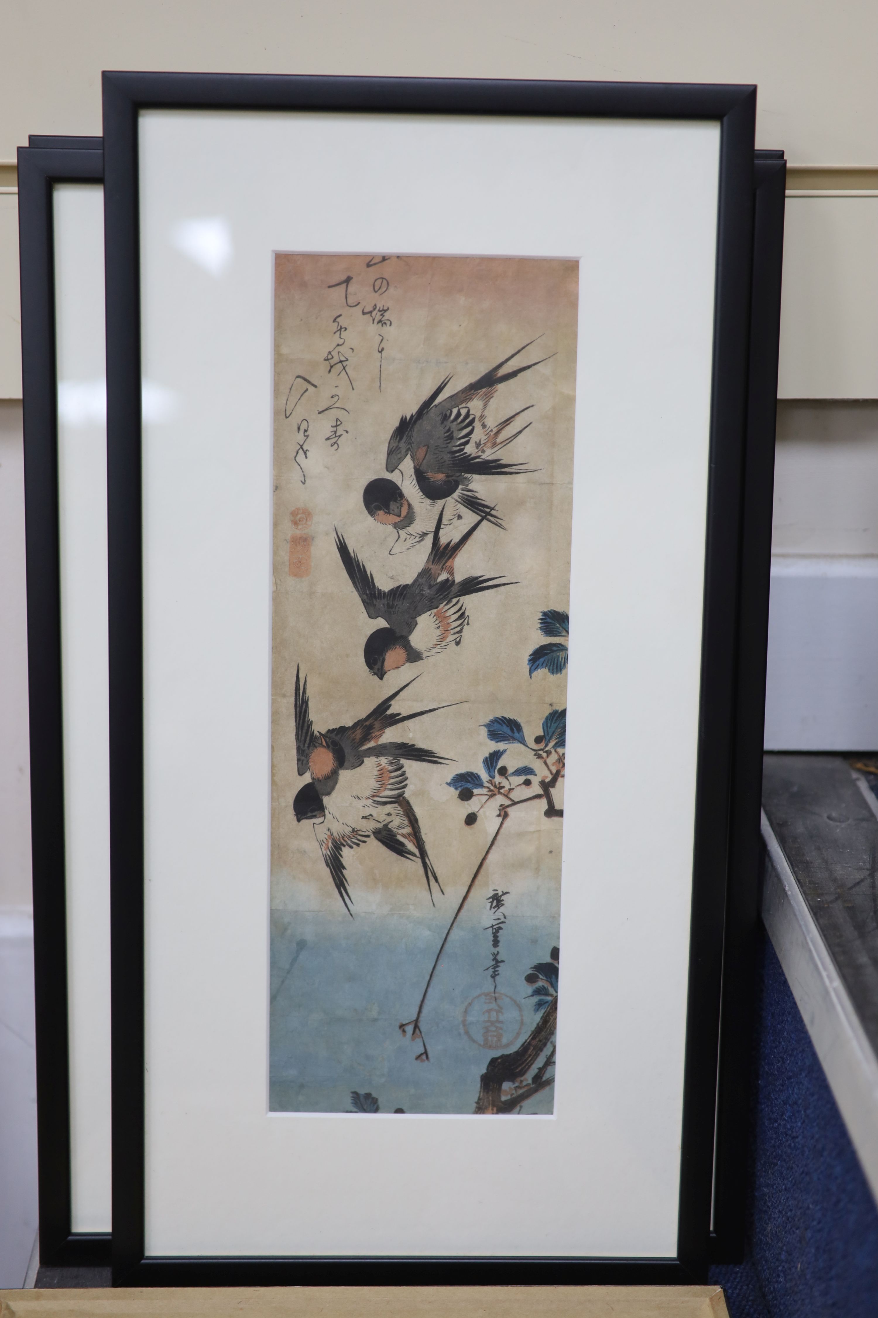 Ohara Koson (1877-1945), two woodblock prints, Pheasants and Deer, and two woodblock prints of Swallows and Egret by a another artist, largest 33 x 18cm